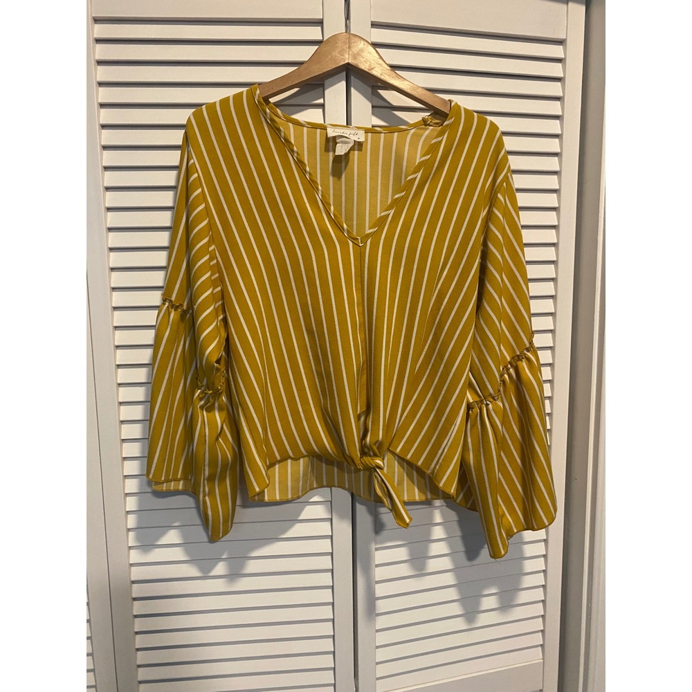 Lavender Field Mustard Yellow White Striped V-Neck Front Tie Bell Sleeve Blouse